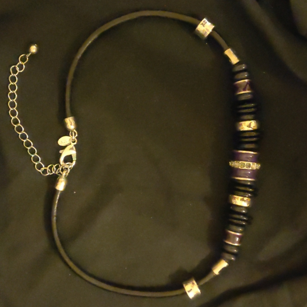 Chico's necklace silver, black, dark purple and rhinestone beads with black cord